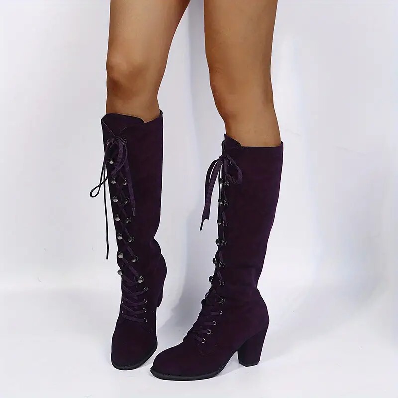 2023-as forró kiárusítás, nagy, 43-as méretű, fűzős női vintage lábszárközépig érő csizma női cipő magassarkú Retro lila fekete barna női csizma