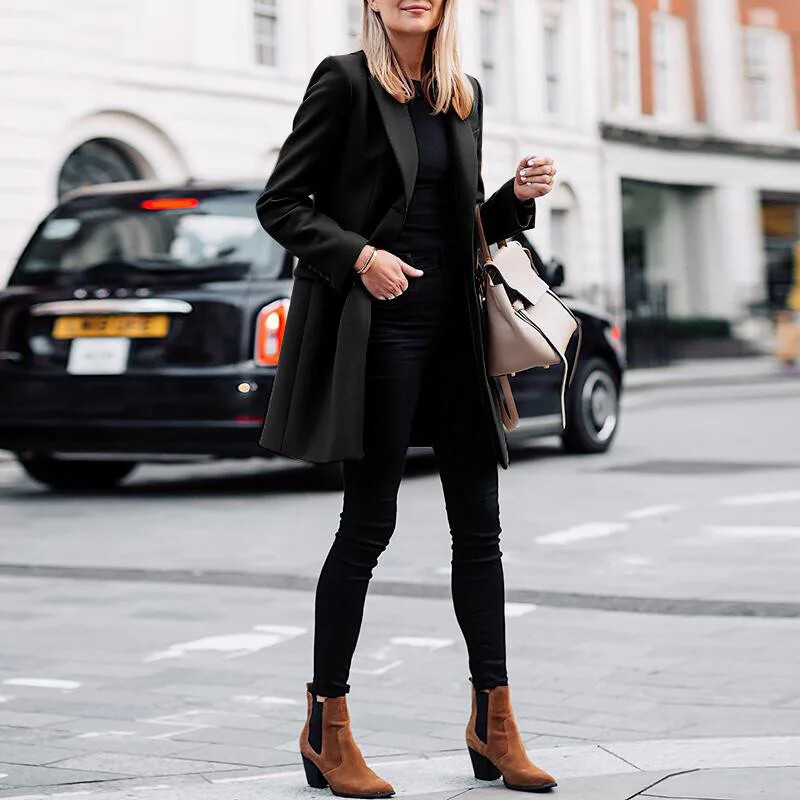 Rudens ziema jauns sieviešu apģērbs vidēja garuma vilnas mētelis ikdienas modes vienkrāsains mētelis ar garām piedurknēm