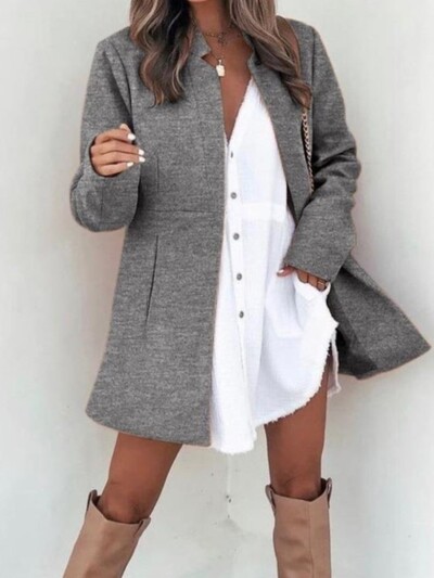 Sieviešu modes vienkrāsains uzvalks ar garām piedurknēm, jaka rudens ziema, jauna retro stila vienkāršā kabata elegants sieviešu biroja mētelis 2024. g.