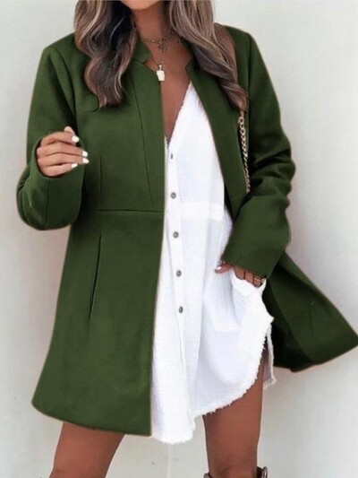 Sieviešu modes vienkrāsains uzvalks ar garām piedurknēm, jaka rudens ziema, jauna retro stila vienkāršā kabata elegants sieviešu biroja mētelis 2024. g.