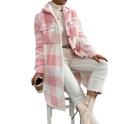 Sieviešu čekas jaka jaka jaka jaciņa, silts flīsa rūtains jaka virsdrēbes atloks ar garām piedurknēm modes brīvdienas katru dienu
