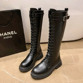 Sieviešu kaujas zābaki Antumn 2023 Sieviešu augstas platformas gotikas apavi, melni ādas zābaki, šņorējami sieviešu zābaki uz ceļgaliem sieviešu zābaki