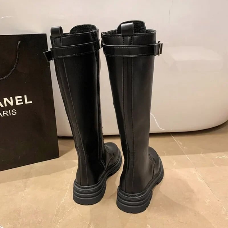 Sieviešu kaujas zābaki Antumn 2023 Sieviešu augstas platformas gotikas apavi, melni ādas zābaki, šņorējami sieviešu zābaki uz ceļgaliem sieviešu zābaki