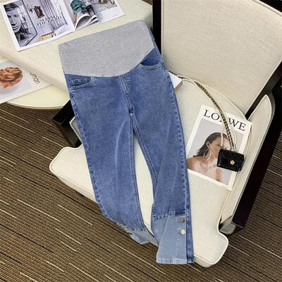 Pogas raibs mazgāti džinsa džinsi grūtniecēm Slim, taisni apgriezti vēdera bikses grūtniecēm 24ss Y2k jauniešu grūtniecība