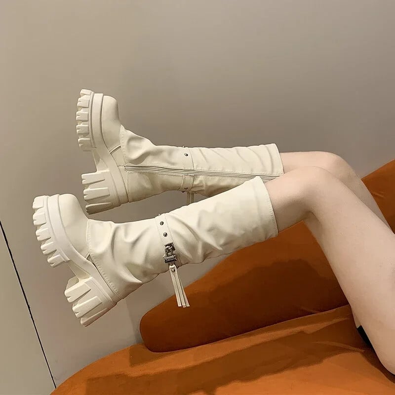 Sieviešu Motociklu Garie Zābaki Rudens Ziemas Silti Ceļi Augsti Zābaki Ādas Zābaki Sieviešu Bieza Zole Platforma Botas Mujer Augstpapēžu kurpes