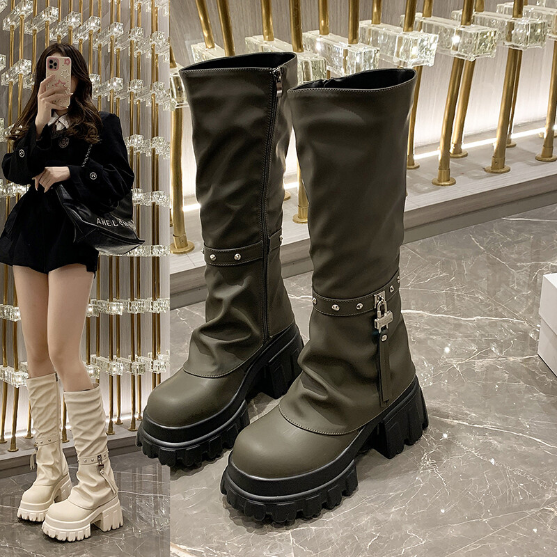 Sieviešu Motociklu Garie Zābaki Rudens Ziemas Silti Ceļi Augsti Zābaki Ādas Zābaki Sieviešu Bieza Zole Platforma Botas Mujer Augstpapēžu kurpes
