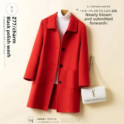 Vidēja garuma vilnas jaka sievietēm Jauna stila korejiešu pūķa fēniksa motīvs brīvi pieguļoša kvadrātveida apkakle rudens/ziemas mētelis