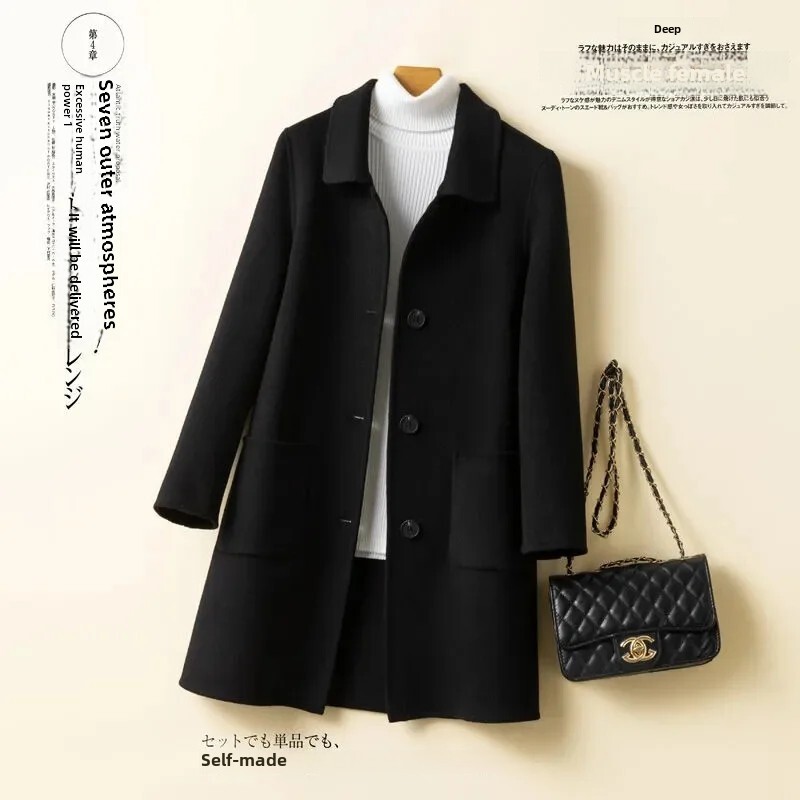 Vidēja garuma vilnas jaka sievietēm Jauna stila korejiešu pūķa fēniksa motīvs brīvi pieguļoša kvadrātveida apkakle rudens/ziemas mētelis