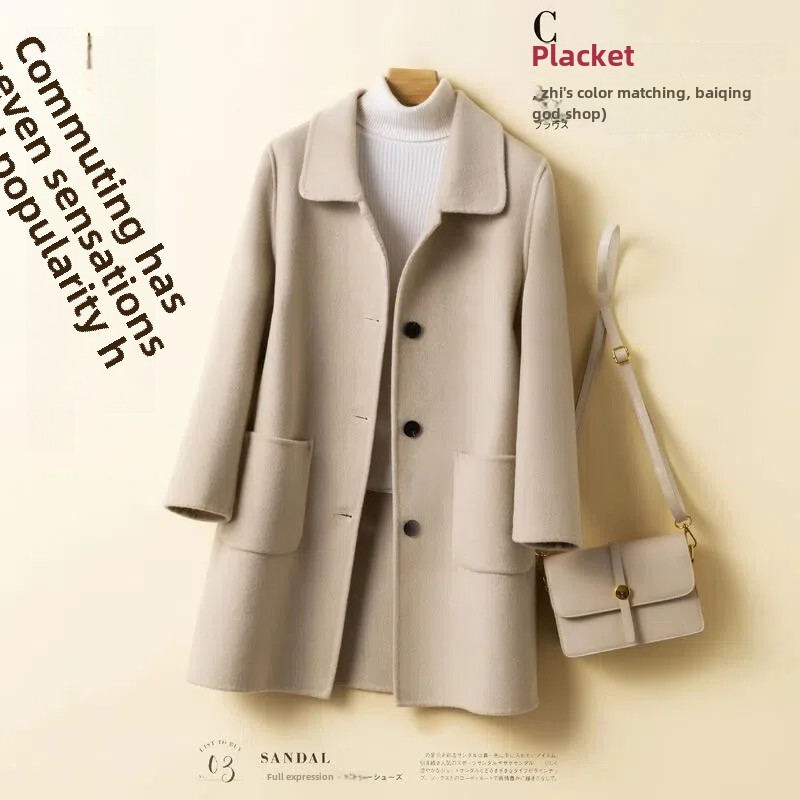 Vidēja garuma vilnas jaka sievietēm Jauna stila korejiešu pūķa fēniksa motīvs brīvi pieguļoša kvadrātveida apkakle rudens/ziemas mētelis