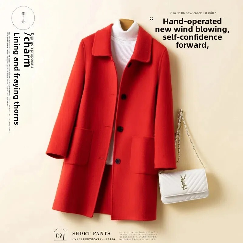 Vidēja garuma vilnas jaka sievietēm Jauna stila korejiešu pūķa fēniksa motīvs brīvi pieguļoša kvadrātveida apkakle rudens/ziemas mētelis