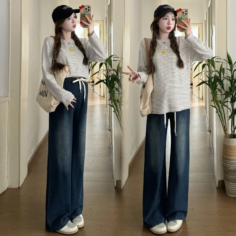 Vintage tumši zili džinsi džinsi grūtniecēm pavasaris vasara platas kājas brīvas taisnas bikses ar augstu vidukli grūtniecēm 24SS Y2k jauniešiem