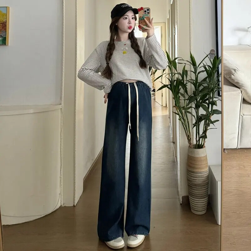 Vintage tumši zili džinsi džinsi grūtniecēm pavasaris vasara platas kājas brīvas taisnas bikses ar augstu vidukli grūtniecēm 24SS Y2k jauniešiem
