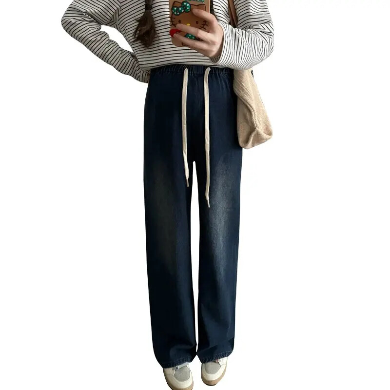 Vintage tumši zili džinsi džinsi grūtniecēm pavasaris vasara platas kājas brīvas taisnas bikses ar augstu vidukli grūtniecēm 24SS Y2k jauniešiem