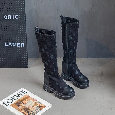 Kovboju zābaki sievietēm Vasaras džinsa auduma zābaki ar biezu zoli elpojoši dobi sietveida iekšpusi paaugstinoši forši zābaki sievietēm Botas