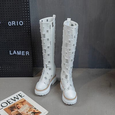 Kovboju zābaki sievietēm Vasaras džinsa auduma zābaki ar biezu zoli elpojoši dobi sietveida iekšpusi paaugstinoši forši zābaki sievietēm Botas