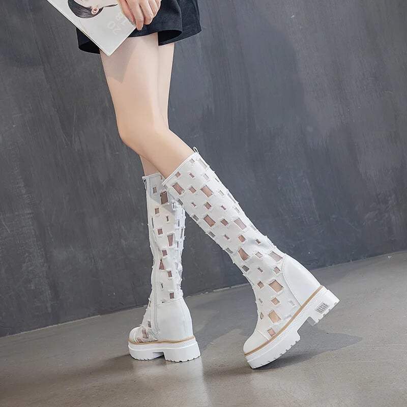 Kovboju zābaki sievietēm Vasaras džinsa auduma zābaki ar biezu zoli elpojoši dobi sietveida iekšpusi paaugstinoši forši zābaki sievietēm Botas