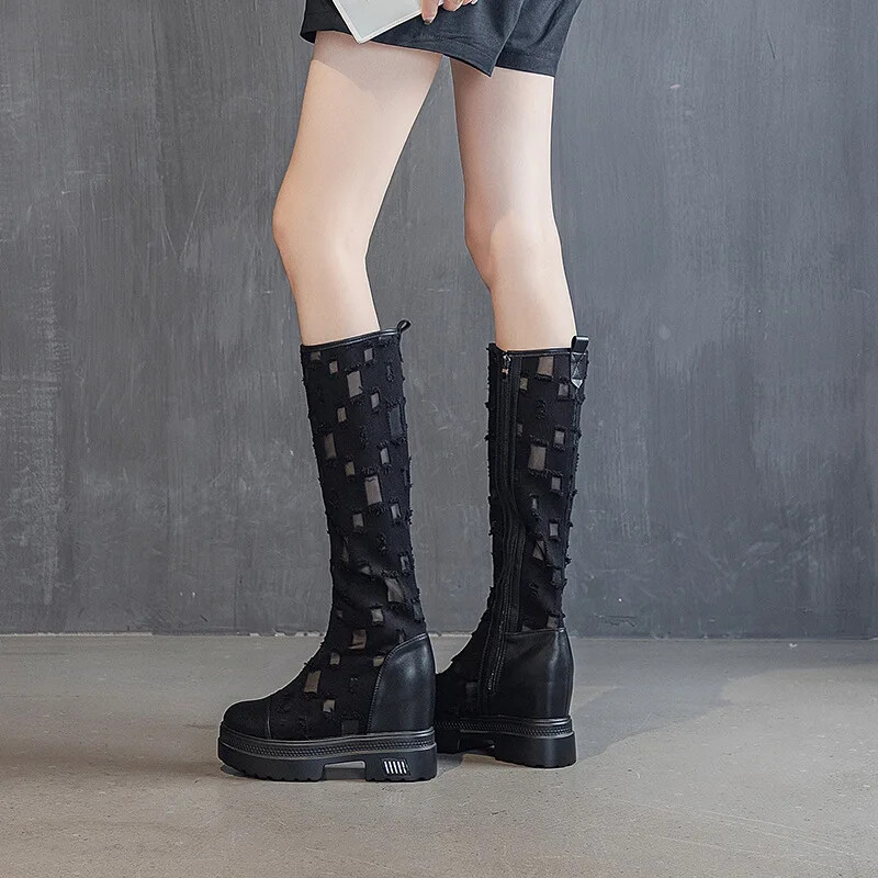 Kovboju zābaki sievietēm Vasaras džinsa auduma zābaki ar biezu zoli elpojoši dobi sietveida iekšpusi paaugstinoši forši zābaki sievietēm Botas