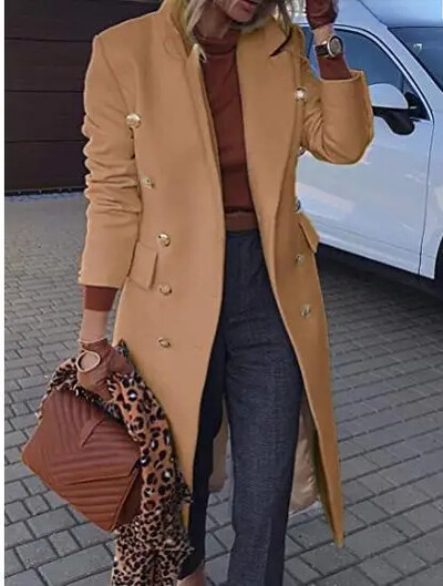 Női közepes hosszúságú gyapjú kabát, duplasoros gyapjúkabát Őszi/téli divat