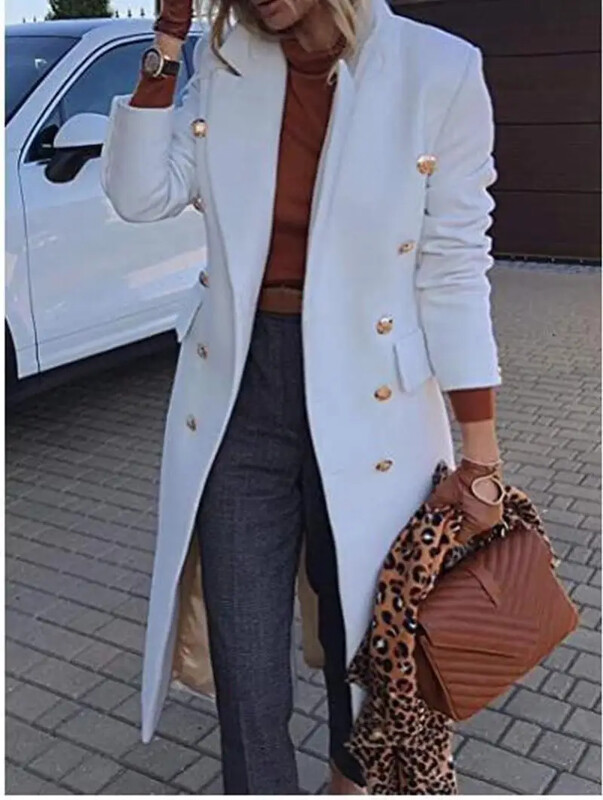 Női közepes hosszúságú gyapjú kabát, duplasoros gyapjúkabát Őszi/téli divat