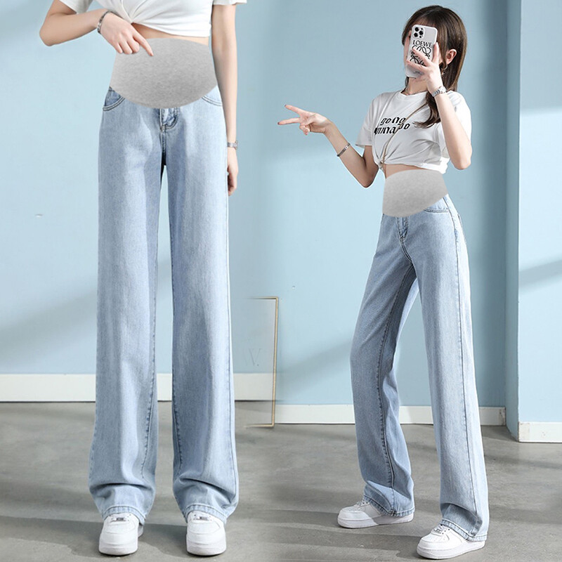 Duge traperice za trudnice širokih nogavica Proljeće Jesen Hlače na trbuh visokog struka za trudnice Retro ležerne široke trudničke