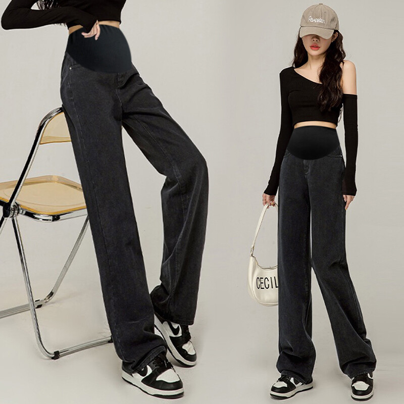 Duge traperice za trudnice širokih nogavica Proljeće Jesen Hlače na trbuh visokog struka za trudnice Retro ležerne široke trudničke