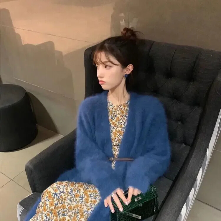 Sieviešu džemperis rudens un ziemas garš, ūdelēm līdzīgs vilnas jaciņš, brīvs, biezs, vidēja garuma, dīkstāves stila trikotāžas mētelis