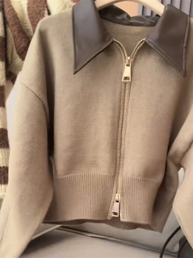 Saliktas ādas apkakles trikotāžas džemperis Modes dubultā rāvējslēdzēja jaka sieviešu rudens/ziemas jauns mīksts vintage ielas apģērbs ar garām piedurknēm