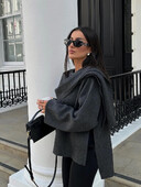 Ženska modna vunena jakna ukrašena šalom, ležerna, jednobojna, široka, topla kaput dugih rukava 2024. Novi ženski šik kaput jeseni i zime