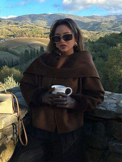 Ženska modna vunena jakna ukrašena šalom, ležerna, jednobojna, široka, topla kaput dugih rukava 2024. Novi ženski šik kaput jeseni i zime