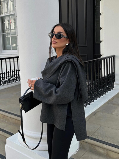 Ženska modna vunena jakna ukrašena šalom, ležerna, jednobojna, široka, topla kaput dugih rukava 2024. Novi ženski šik kaput jeseni i zime