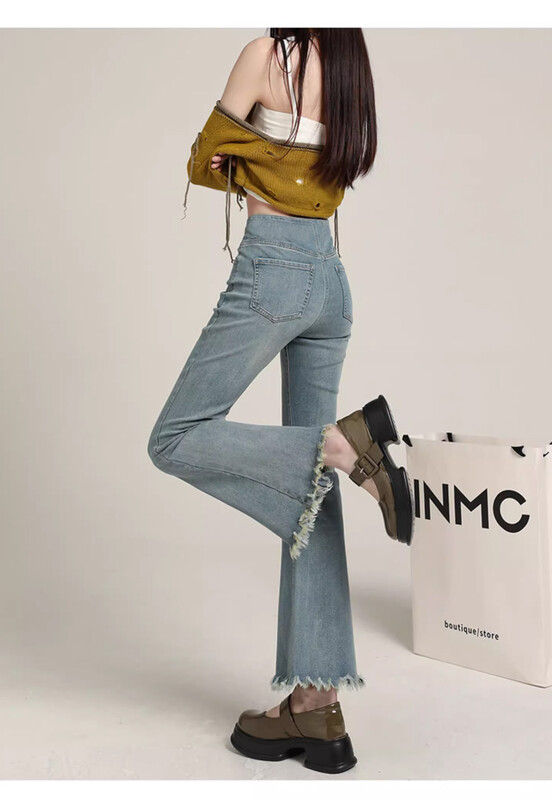 2024. aasta suvised rasedate naiste teksapüksid venitatud kõrge vöökohaga, ebakorrapärase tutiga ääris laienenud püksid rasedatele kärbitud teksad