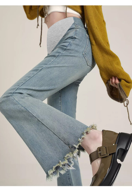 2024. aasta suvised rasedate naiste teksapüksid venitatud kõrge vöökohaga, ebakorrapärase tutiga ääris laienenud püksid rasedatele kärbitud teksad