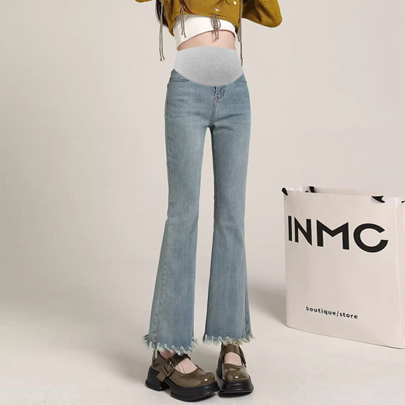 2024. aasta suvised rasedate naiste teksapüksid venitatud kõrge vöökohaga, ebakorrapärase tutiga ääris laienenud püksid rasedatele kärbitud teksad