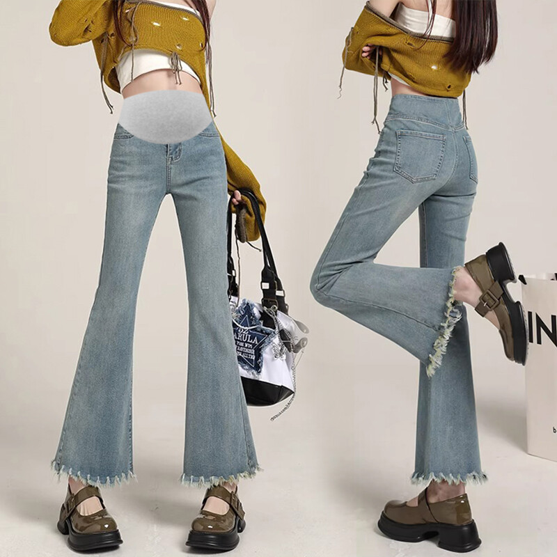 2024. aasta suvised rasedate naiste teksapüksid venitatud kõrge vöökohaga, ebakorrapärase tutiga ääris laienenud püksid rasedatele kärbitud teksad