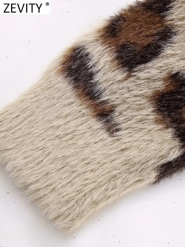 Zevity Sieviešu modes Leoparda apdrukas kažokādas Efektīvs Īss Adīšanas Džemperis Sieviešu Šiks Garām Piedurknēm Pogas Kimono Mēteļi Topi CT5834