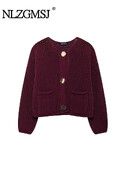 TRAF 2024 Φθινοπωρινή πλεκτή ζακέτα Γυναικεία casual μακρυμάνικη μονόστηθο Loose Crop πουλόβερ Y2K Streetwear