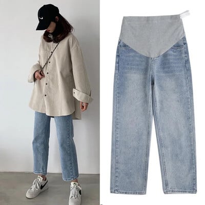 Blugi de maternitate din denim drept largi, pantaloni de primăvară, toamnă, pentru burtă, haine pentru femei însărcinate, pantaloni de lucru pentru sarcină