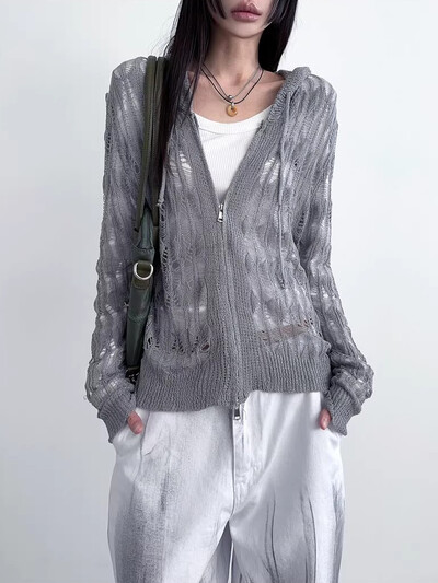 Deeptown Harajuku Жилетка с качулка с цип Дамски кух пуловер в японски стил Y2k Vintage Grey Тънки плетени горнища с дълъг ръкав