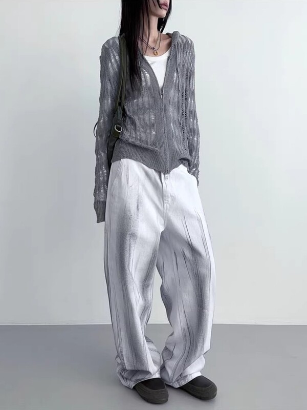 Γυναικεία ζακέτα με κουκούλα Deeptown Harajuku με φερμουάρ και κουκούλα, μακρυμάνικο πουλόβερ σε στυλ ιαπωνικού τύπου Y2k, Vintage γκρι λεπτό, πλεκτό