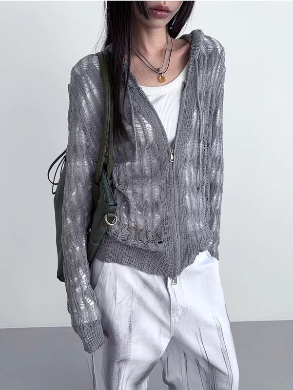 Γυναικεία ζακέτα με κουκούλα Deeptown Harajuku με φερμουάρ και κουκούλα, μακρυμάνικο πουλόβερ σε στυλ ιαπωνικού τύπου Y2k, Vintage γκρι λεπτό, πλεκτό