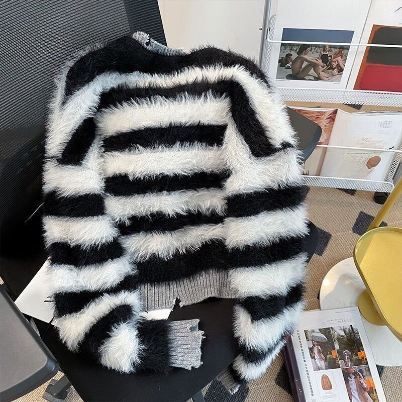 Pulóver kardigánok nercgyapjú csíkos női felső őszi téli kötött koreai oversize hosszú ujjú elegancia édes OL alkalmi