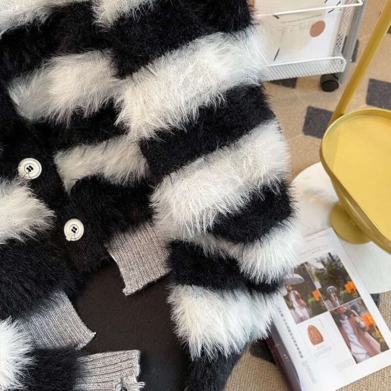 Pulóver kardigánok nercgyapjú csíkos női felső őszi téli kötött koreai oversize hosszú ujjú elegancia édes OL alkalmi