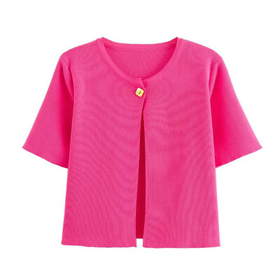 Ležerni pleteni kardigan s jednim kopčanjem Ženski jesenski jednobojni mini džemper kratkih rukava s O-izrezom 2024. Tanka modna svestrana majica