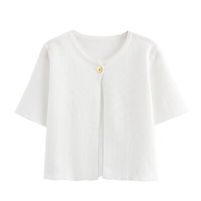 Ležerni pleteni kardigan s jednim kopčanjem Ženski jesenski jednobojni mini džemper kratkih rukava s O-izrezom 2024. Tanka modna svestrana majica