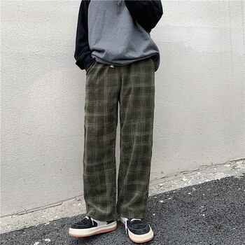 Пролетни ежедневни карирани панталони Мъжки широки крачоли Vintage BF Couple Straight Corduroy Pantalones Streetwear Harajuku Mopping Oversize S-3XL