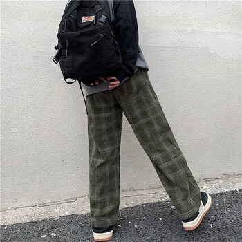 Пролетни ежедневни карирани панталони Мъжки широки крачоли Vintage BF Couple Straight Corduroy Pantalones Streetwear Harajuku Mopping Oversize S-3XL