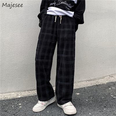 Пролетни ежедневни карирани панталони Мъжки широки крачоли Vintage BF Couple Straight Corduroy Pantalones Streetwear Harajuku Mopping Oversize S-3XL