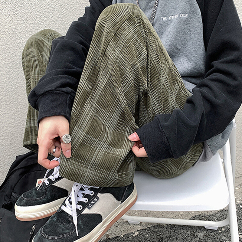 Proljetne ležerne karirane hlače Muške široke nogavice Vintage BF Par Ravne hlače od samta Ulična odjeća Harajuku Mopping Oversize S-3XL