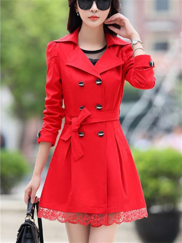 Sieviešu brīvā laika mēteļi jauni, plāni jostas bantītes mežģīnes divrindu ar garām piedurknēm jakas stila sadaļa.