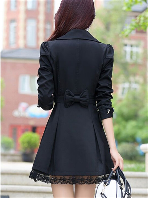 Sieviešu brīvā laika mēteļi jauni, plāni jostas bantītes mežģīnes divrindu ar garām piedurknēm jakas stila sadaļa.